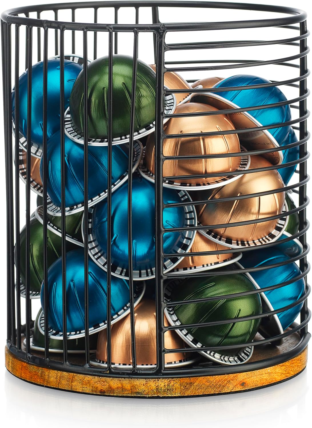 MosJos Coffee Pod Storage Holder, Metal Wire Basket with Wood Base, Countertop Coffee Capsule Organizer (89357)