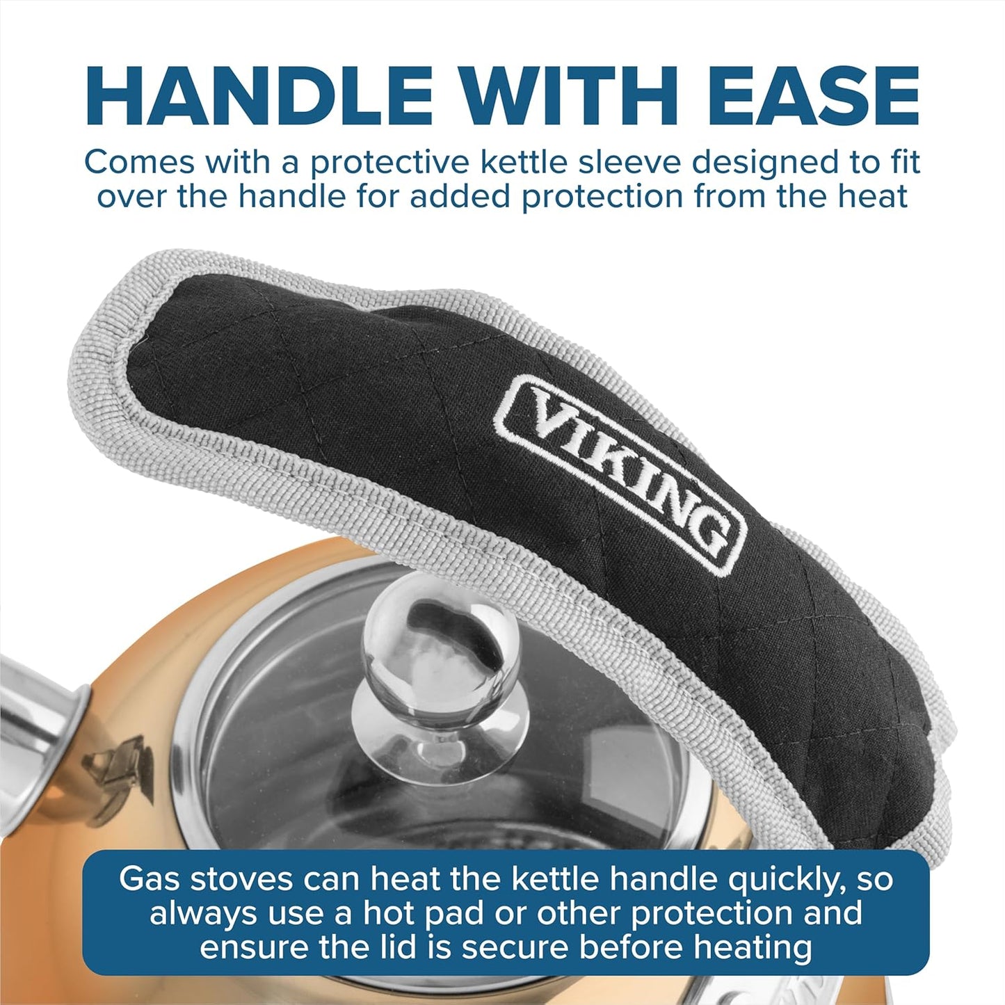 Viking 3-Ply Stainless Steel Tea Kettle, 2.6 Quart Stovetop Hot Water Pot with Tempered Glass Lid, Ergonomic Handle, Induction Ready, Rose Gold