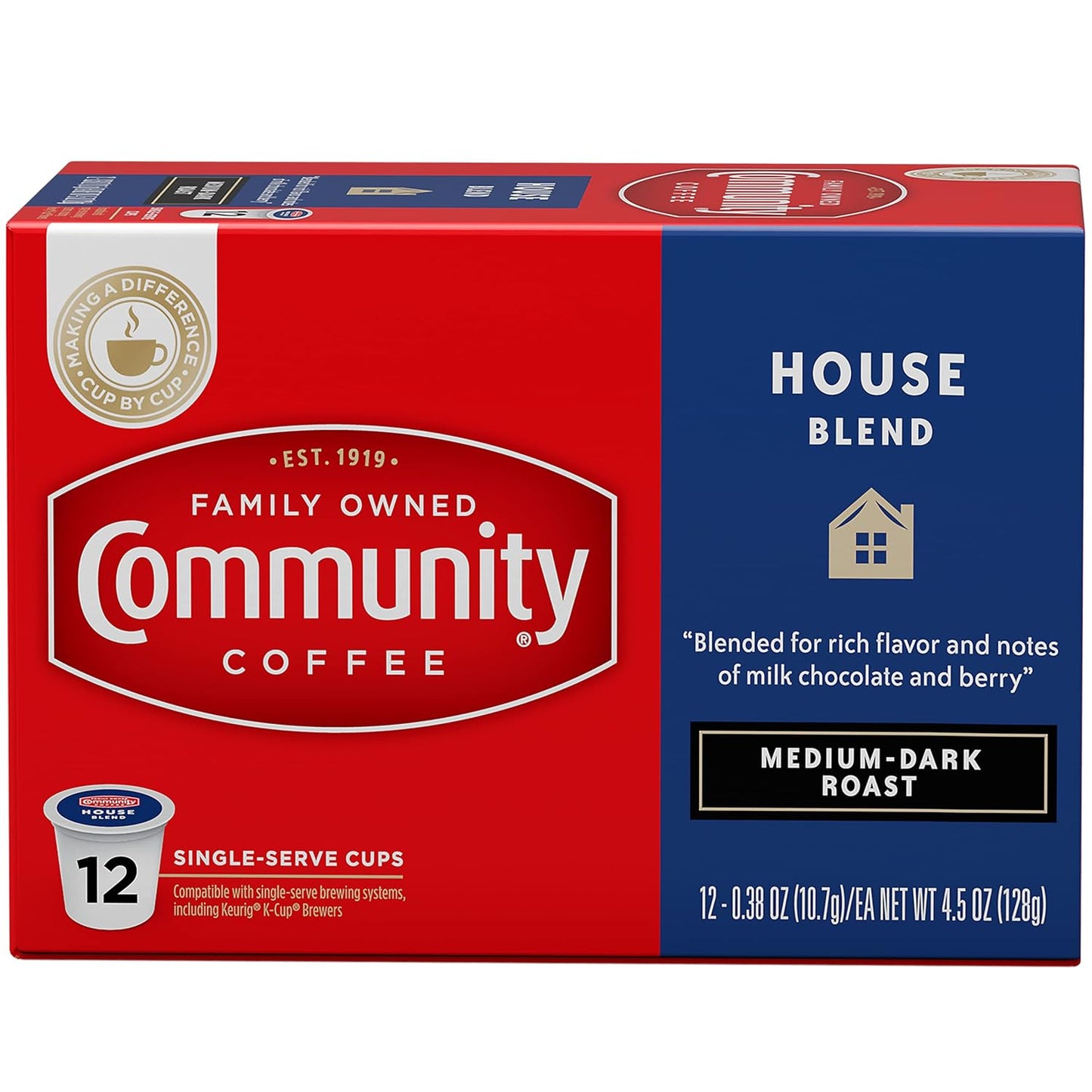 Community Coffee House Blend 12 Count Coffee Pods, Medium-Dark Roast, Compatible with Keurig 2.0 K-Cup Brewers, Box of 12 Pods (Pack of 2)