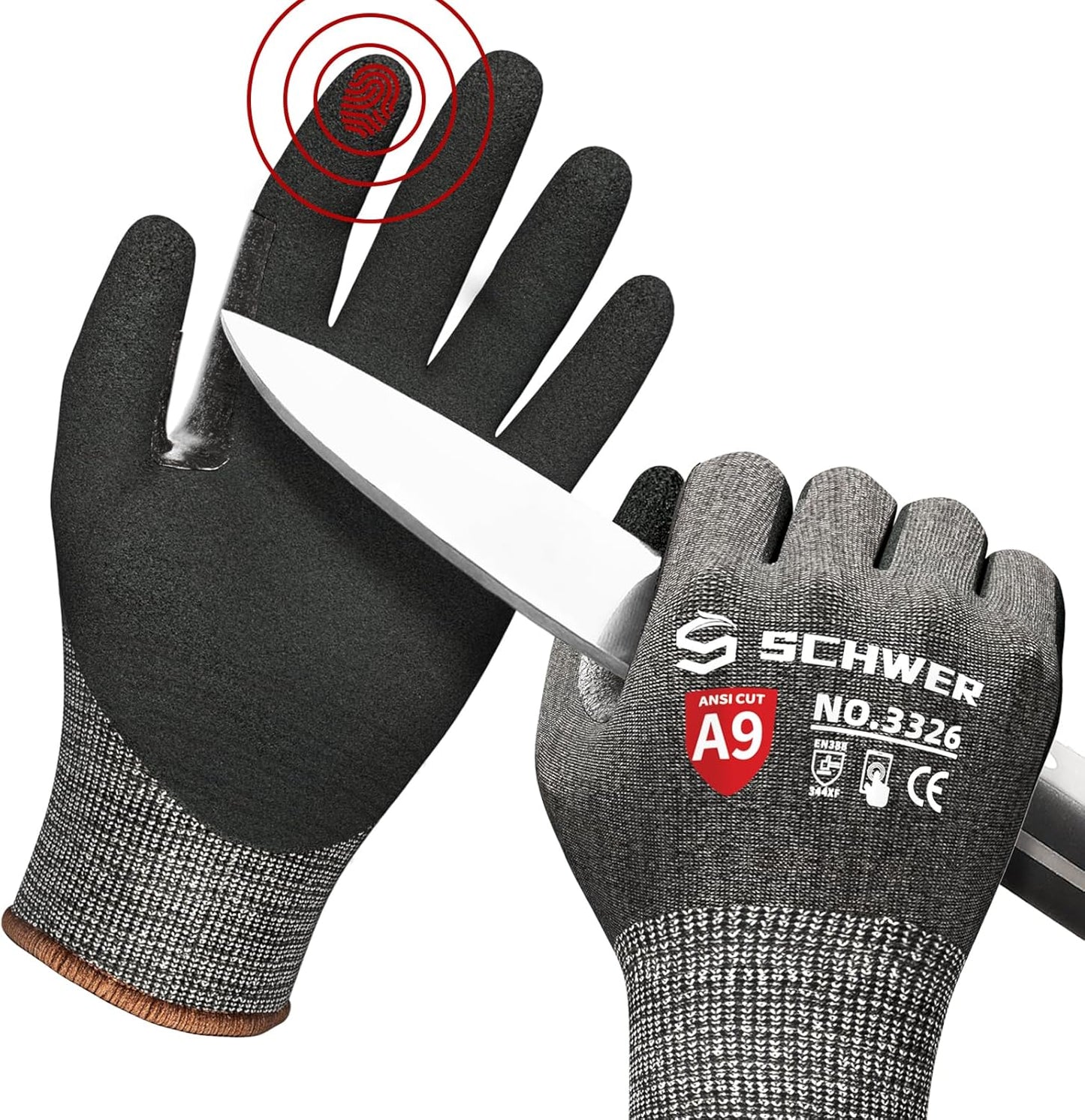 Schwer ProGuard Highest Level Cut Resistant Work Gloves PR3326 for Extreme Protection，ANSI A9 Cut Gloves with Reinforced Thumb, Non Slip, Breathable, Durable, Touch-screen, Non PFAS, Black 1 Pair（XL）