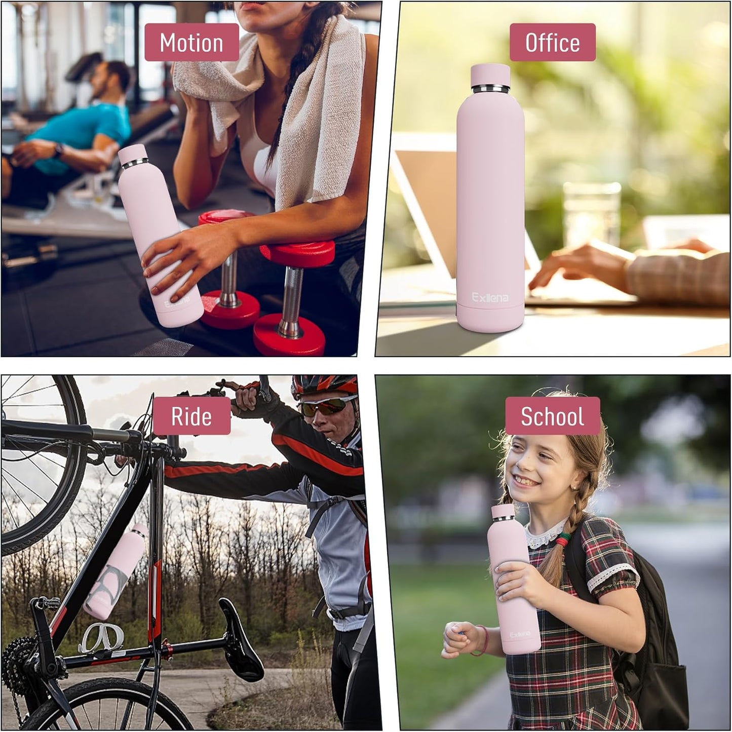 Slim Insulated Water Bottles for Travel 32oz with Clip, Double Wall Vacuum Stainless Steel Water Bottle Keeps Drinks Cold 24 Hrs/Hot 12 Hrs, 100% Leakproof, BPA Free(Pink)