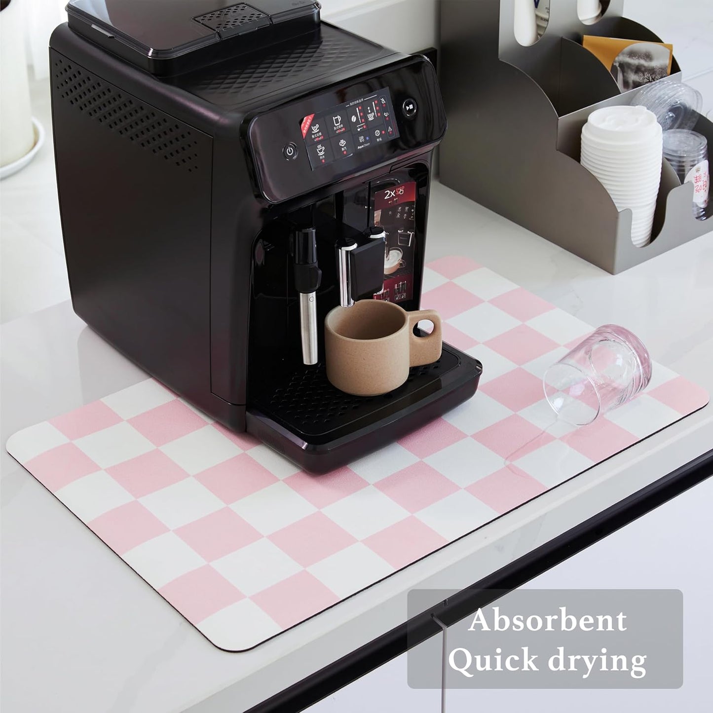 Checkered Dish Drying Mat for Kitchen Counter, Coffee Bar Station Accessories, Retro Cute Aesthetic Girly Women Modern Absorbent Drainer Mat Kitchen Drying Mat Easy Clean, Pink 16" x 24"
