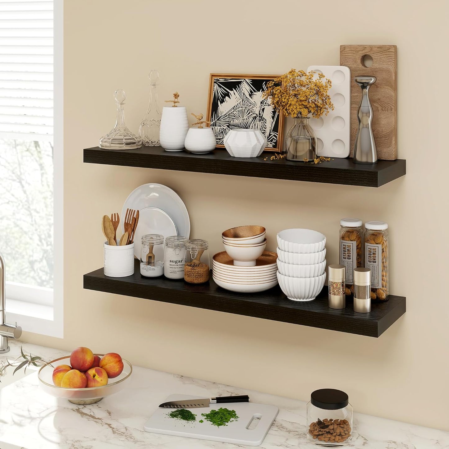 36 Inch Floating Shelves, 9.3" Deep Floating Shelf Wall Mounted, 36" Wall Shelves, Rustic Deep Bookshelf, Large Display Shelves & Storage Shelves for Bedroom, Living Room, Black, Set of 2