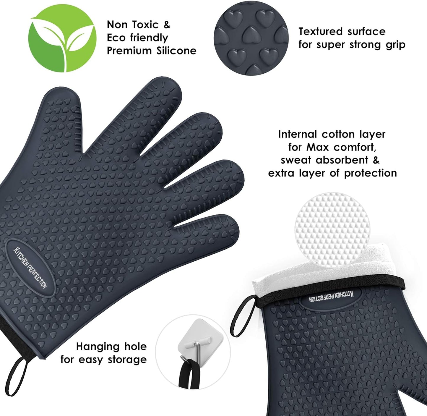 KITCHEN PERFECTION XL Silicone Smoker Oven Gloves-Extreme Heat Resistant BBQ Gloves-Handle Hot Food Right on Your Grill Fryer&Pit|Waterproof Grilling Cooking Baking Mitts|Superior Value Set+3 Bonuses