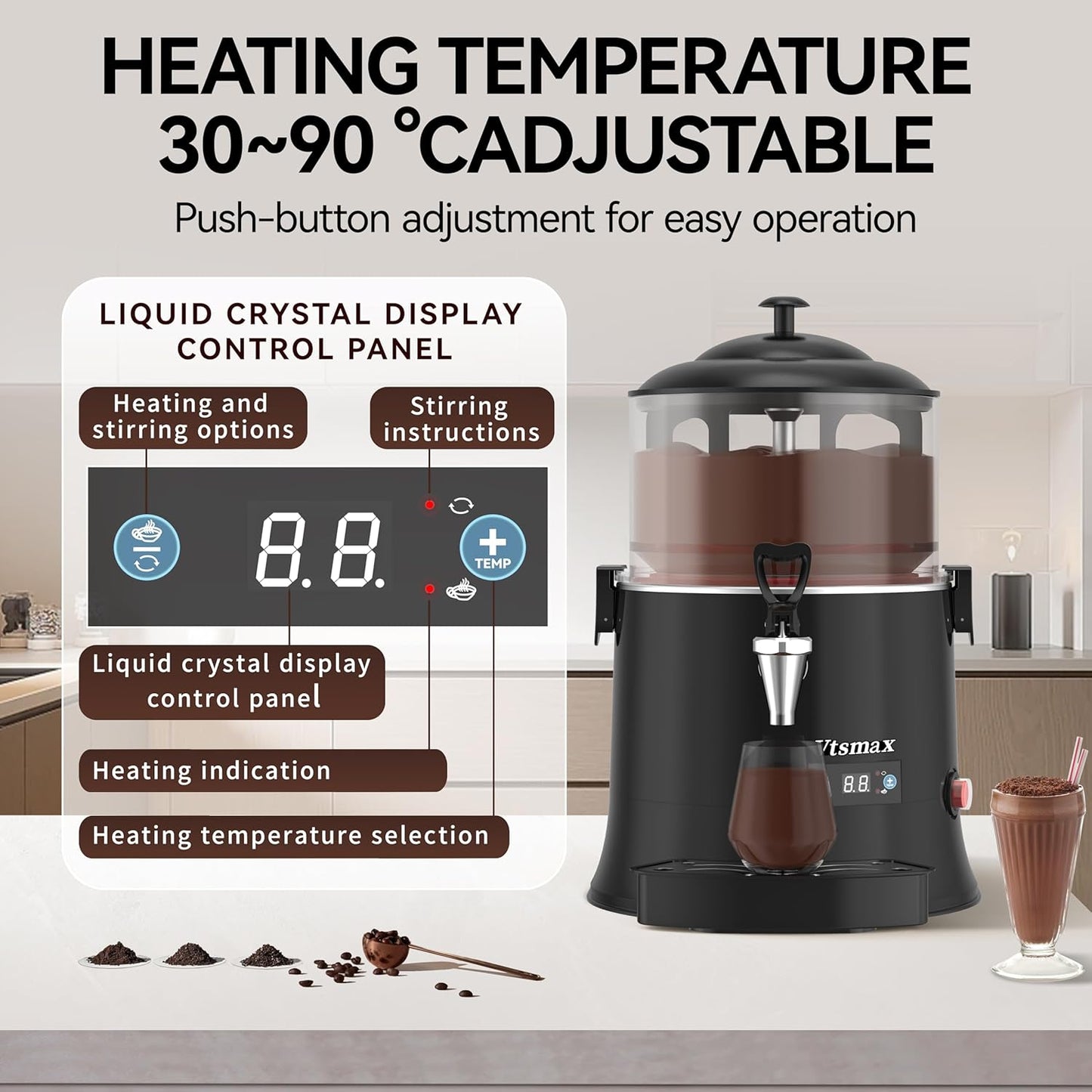 Commercial Hot Chocolate Machine 86-194℉ Intelligent temperature control hot chocolate maker, hot beverage dispenser for Chocolate Drink, Cocoa, Milk, Coffee, Juice