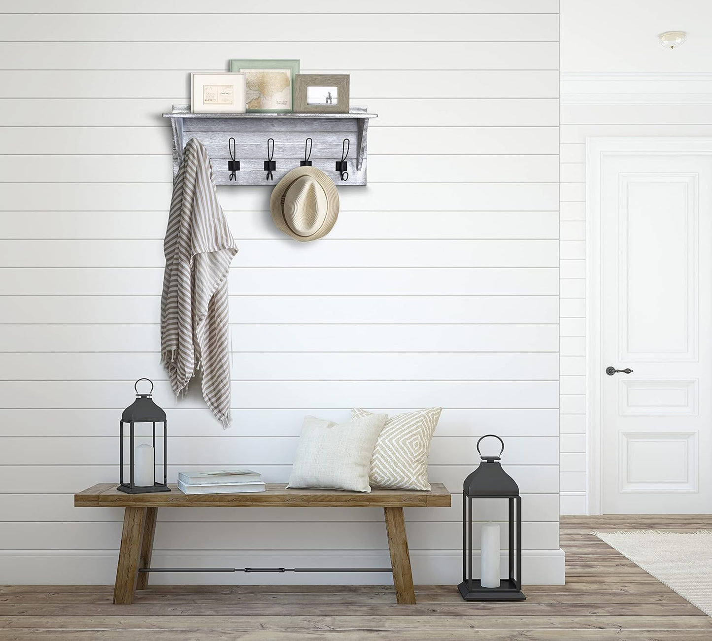 HBCY Creations Rustic Wall Mounted Coat Rack with Shelf - Solid Wood 24" Entryway Shelf with 5 Coat Hangers. Perfect Touch for Your Entryway, Mudroom, Kitchen, Bathroom and More, Whitewash