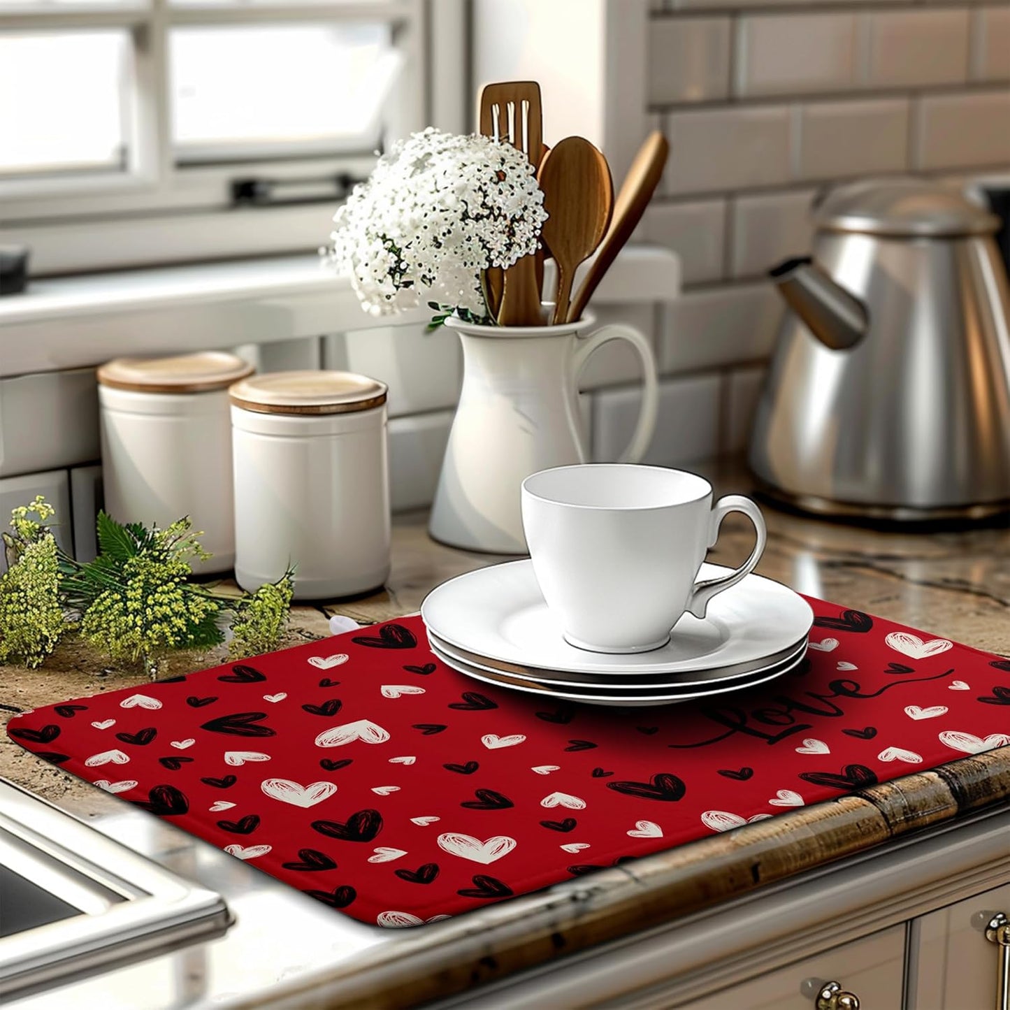 Valentines Day Dish Drying Mat Red Black Love Heart Valentine Kitchen Dish Drying Pad Absorbent Dish Dryer Mat for Kitchen Countertops Microfiber Dishes Drainer Pad Dish Drying Rack Mat (18x24 in)