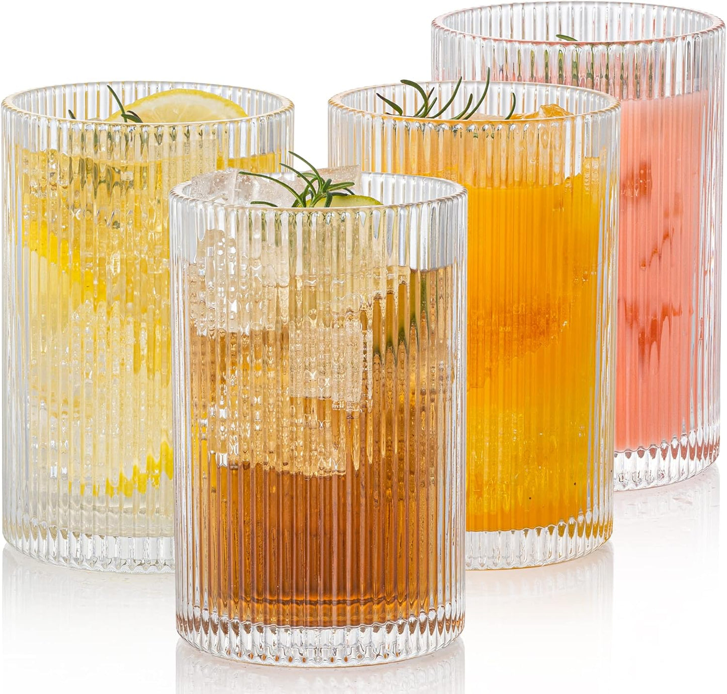 Vintage Ribbed Glassware Set: 4pcs 16.9oz XL Drinking Glasses, Fluted Ripple Drinkware, Origami Style, Elegant Glassware for Whiskey, Cocktail, Iced Coffee, Juice, Beer, Soda