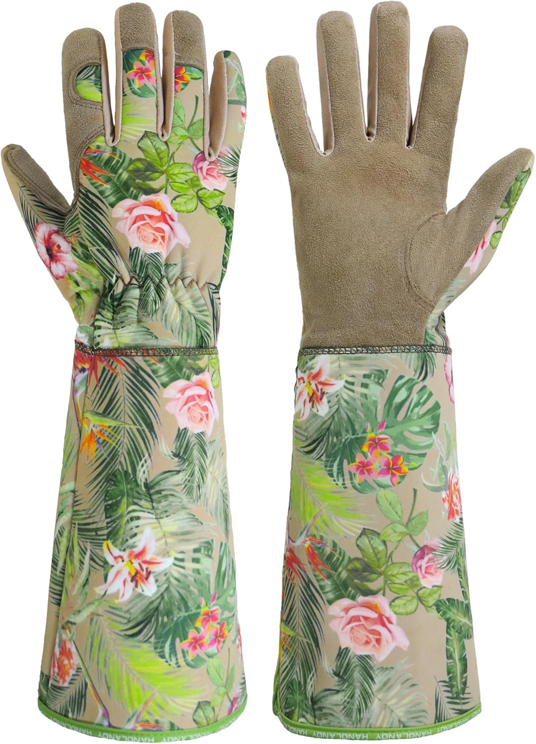 HANDLANDY Leather Gardening Gloves for Women, Scratch Resistant Breathable Ladies Rose Pruning Garden Gauntlet Yard Gloves, Gift for Gardeners (Khaki, XL)