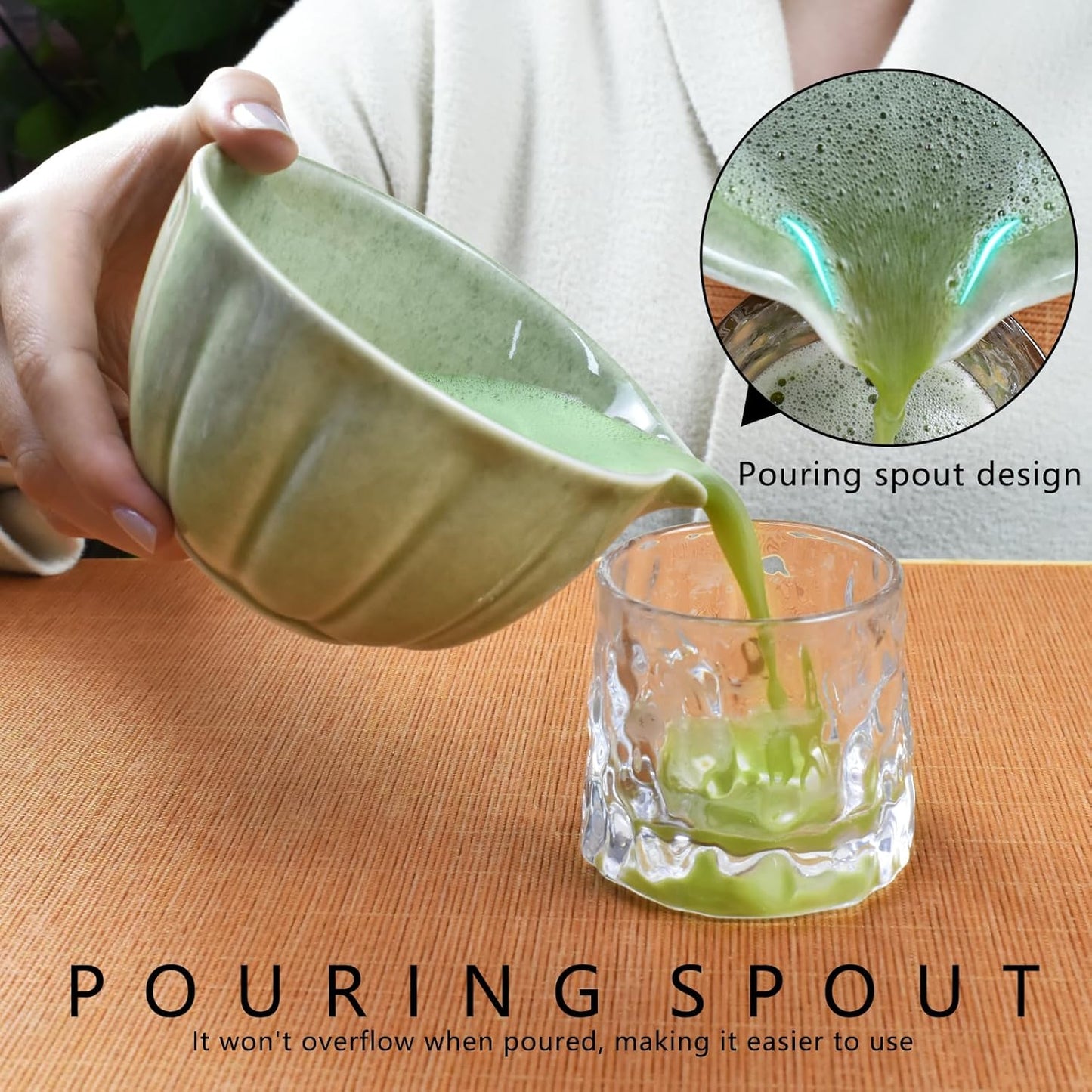 Artcome 4 Pcs Japanese Matcha Tea Set - Matcha Bowl with Pouring Spout, Matcha Whisk, Tea Scoop, Whisk Holder, Handmade Matcha Ceremony Kit For Japanese Tea Ceremony, Mottled Green