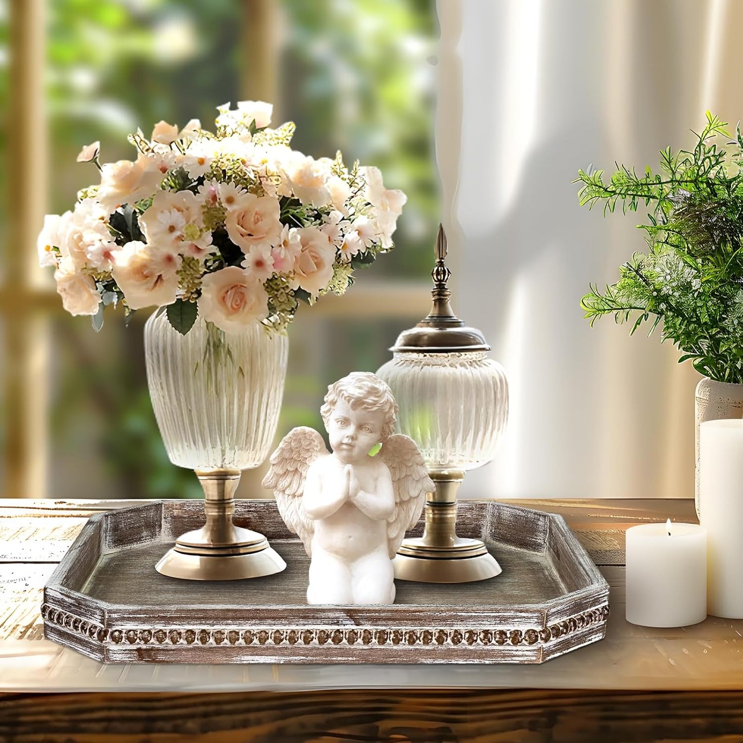 Wooden Decorative Tray, Rustic Serving Tray with Wood Bead, Farmhouse Big Tray for Ottoman, Countertop, Coffee Tabl, 16.5" x 13"x 1.6" (Retro Brown)