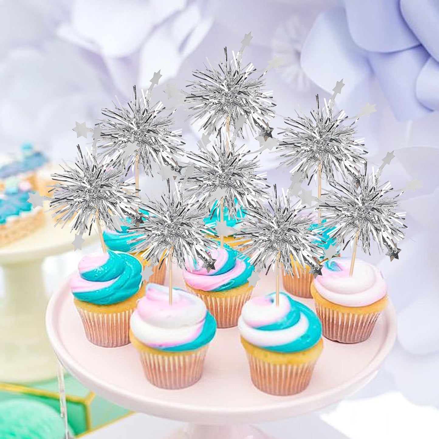 30 PCS Foil Firework Cupcake Toppers Star Cupcake Picks Sparkle Tinsel Flower Drink Stirrers Cocktail Food Fruit Toothpicks for Valentine's Day Birthday Party Cake Decorations Supplies Silver
