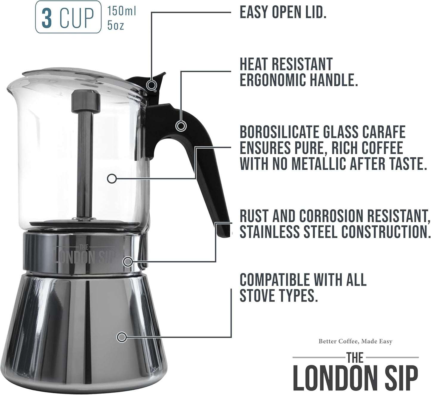 London Sip Glass and Stainless Steel Stovetop Espresso Maker Moka Pot Italian Coffee Percolator, Glass, Small (5.07 oz)