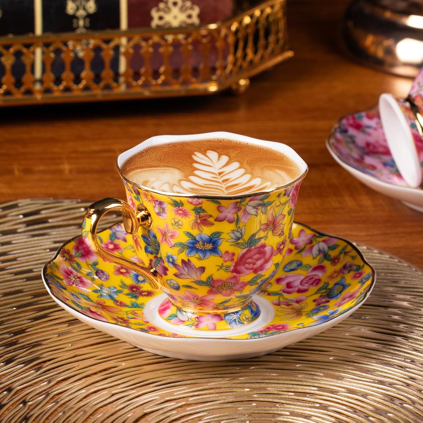 KAMMAK Tea Cups and Saucers Set of 2, Porcelain Coffee Cups with Saucer for Espresso, Cappuccino, 6.3oz Vintage Pink and Yellow Ceramic Demitasse Mug for Home, Tea Party, Office