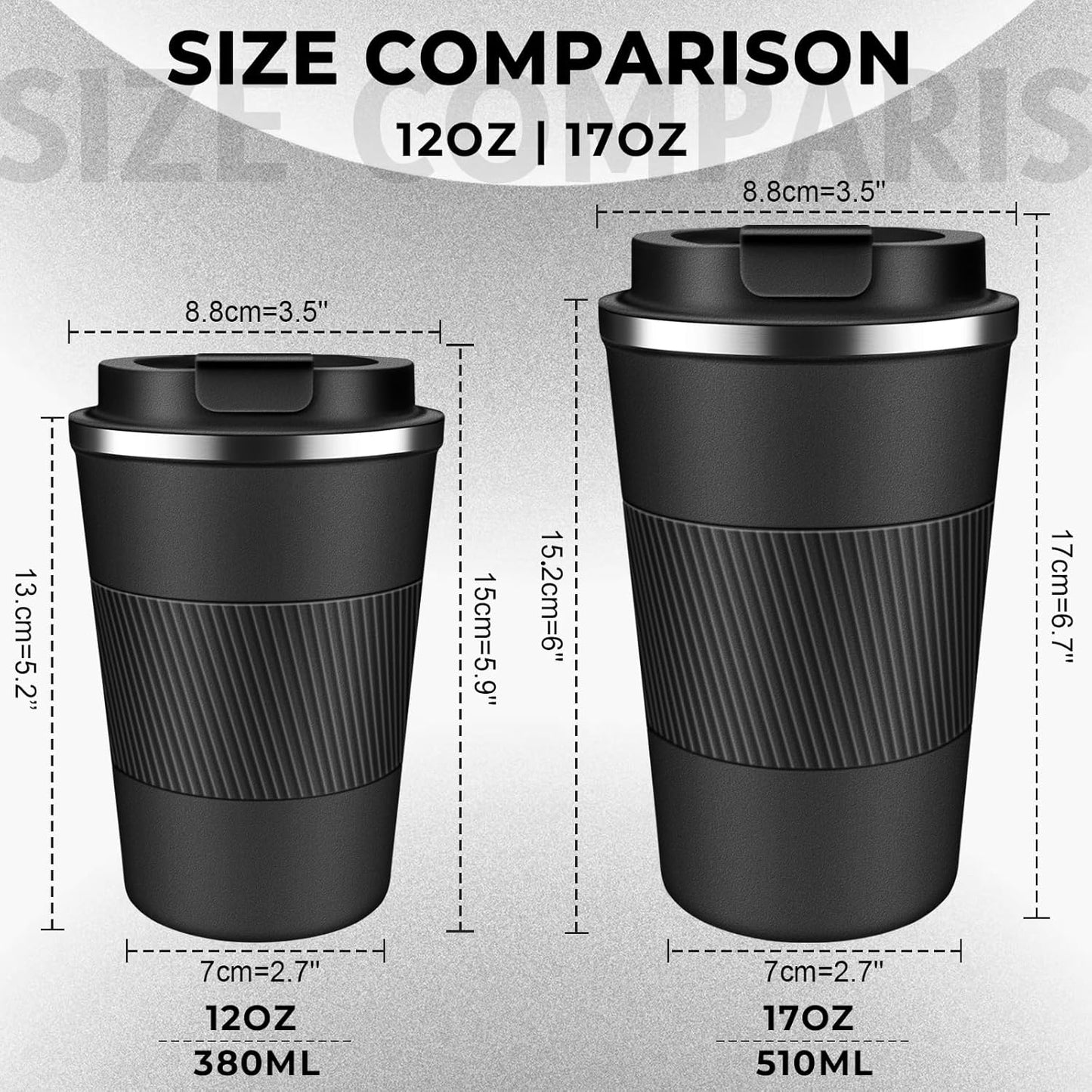 Insulated Coffee Tumbler 17 oz, Stainless Steel Coffee Mug with Lids, Travel Coffee Mug Leak Proof, Double Wall Vacuum Insulated Reusable Coffee Cup, Keep Drinks Hot and Cold (Black, 17 Ounces)