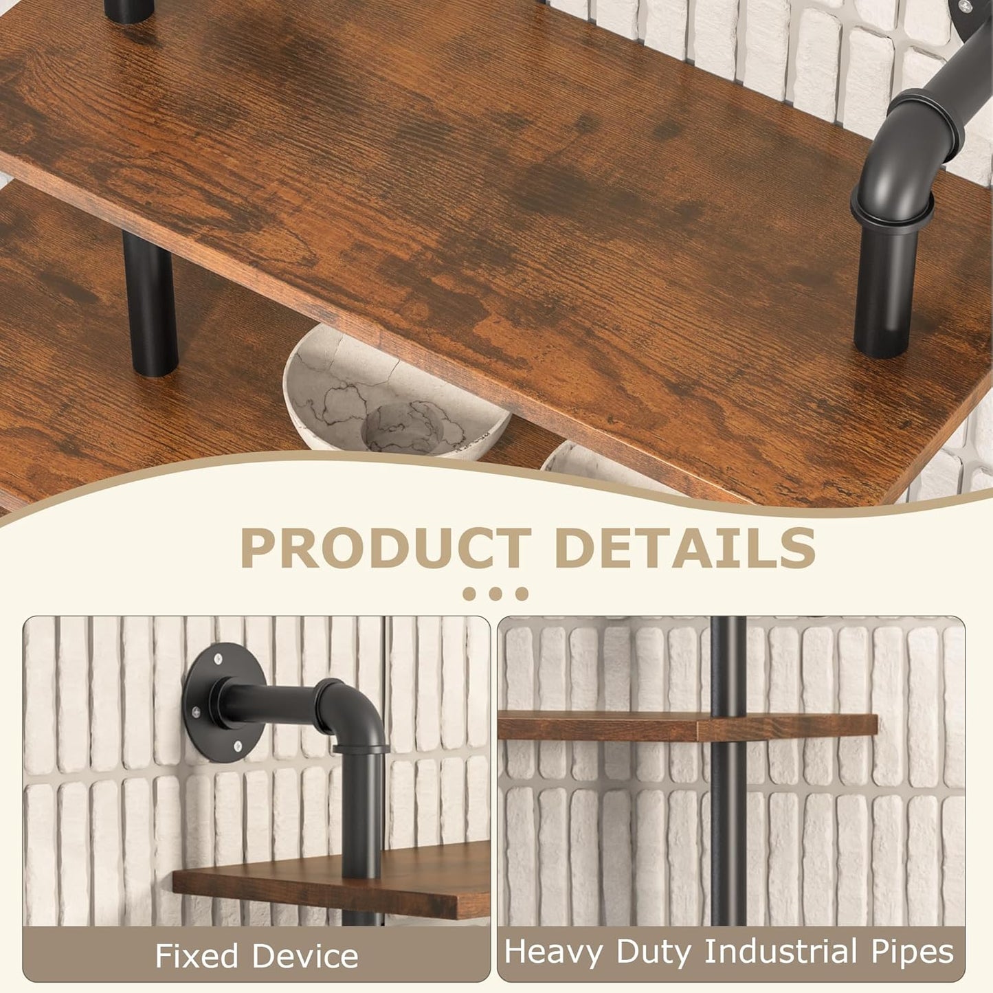 70" Industrial Pipe Shelving - 5 tier Rustic Solid Wood and Heavy Duty Metal Pipe Shelves for Wall,Kitchen Shelves Wall Mounted,Floating Bookshelf,Wall Shelves for Bathroom,Living Room,Coffee Bar