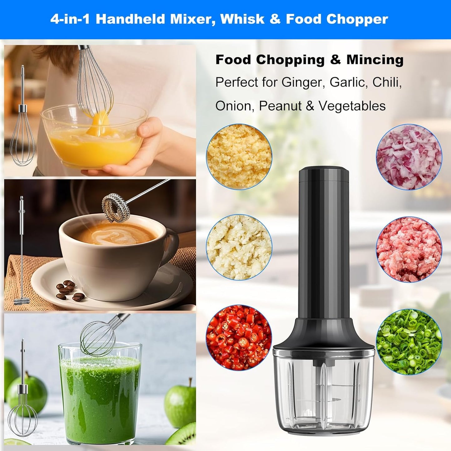 Electric Hand Mixer with MixgoII, Handheld Mixer Electric Whisk, Rechargeable Cordless Handheld Mixer & Milk Frother, Small Food Chopper for Dicing, Mincing, and Puree, 4-Speed, 10Oz
