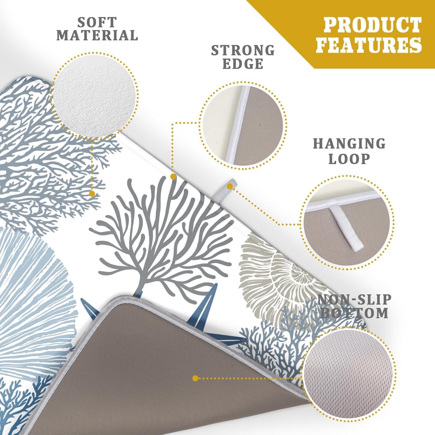 Summer Coastal Dish Drying Mats for Kitchen Counter 16x18 Inch Sea Shells Starfish Drying Mat High Absorbent Reversible Kitchen Mat Blue Coral Ocean Themed Dishes Pad for Countertop Tableware Decor