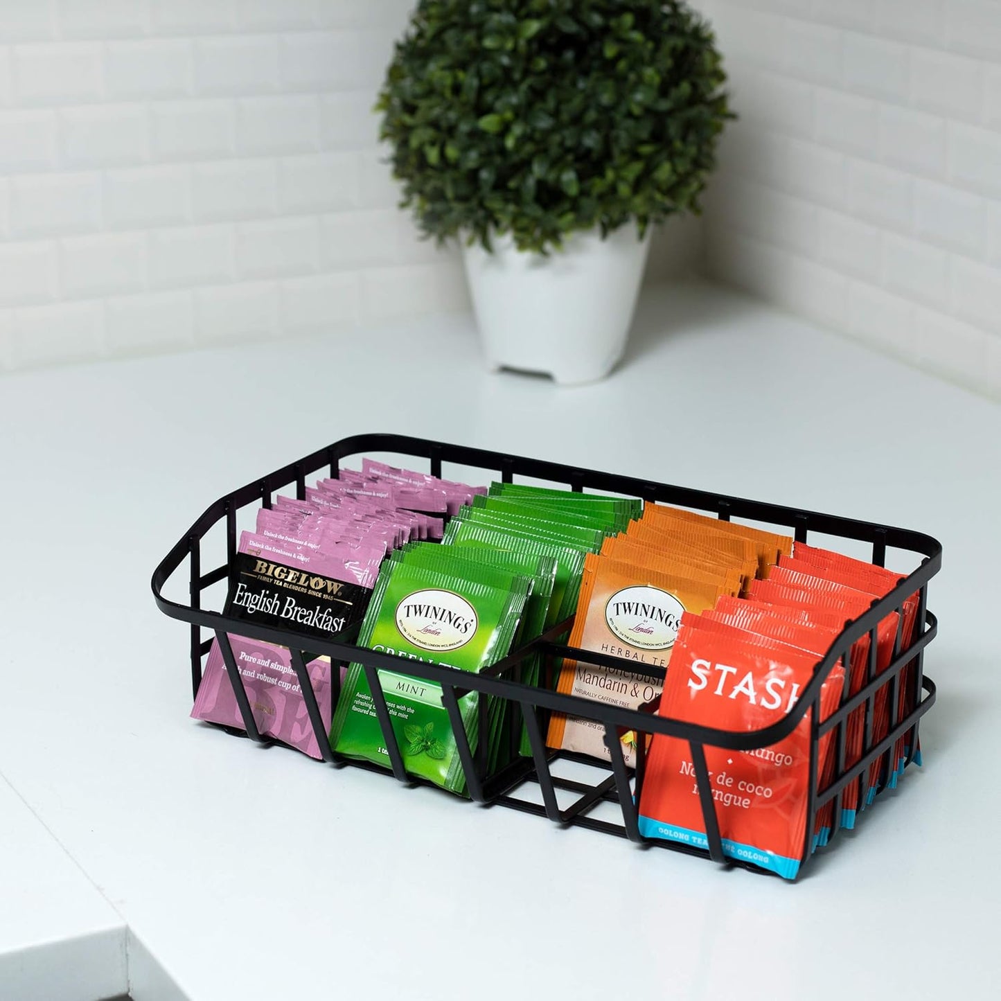 Tea Bag Organizer Caddy - Metal Tea Box Storage Holder for Cups, Pods, Packets, Condiment Accessories - Black