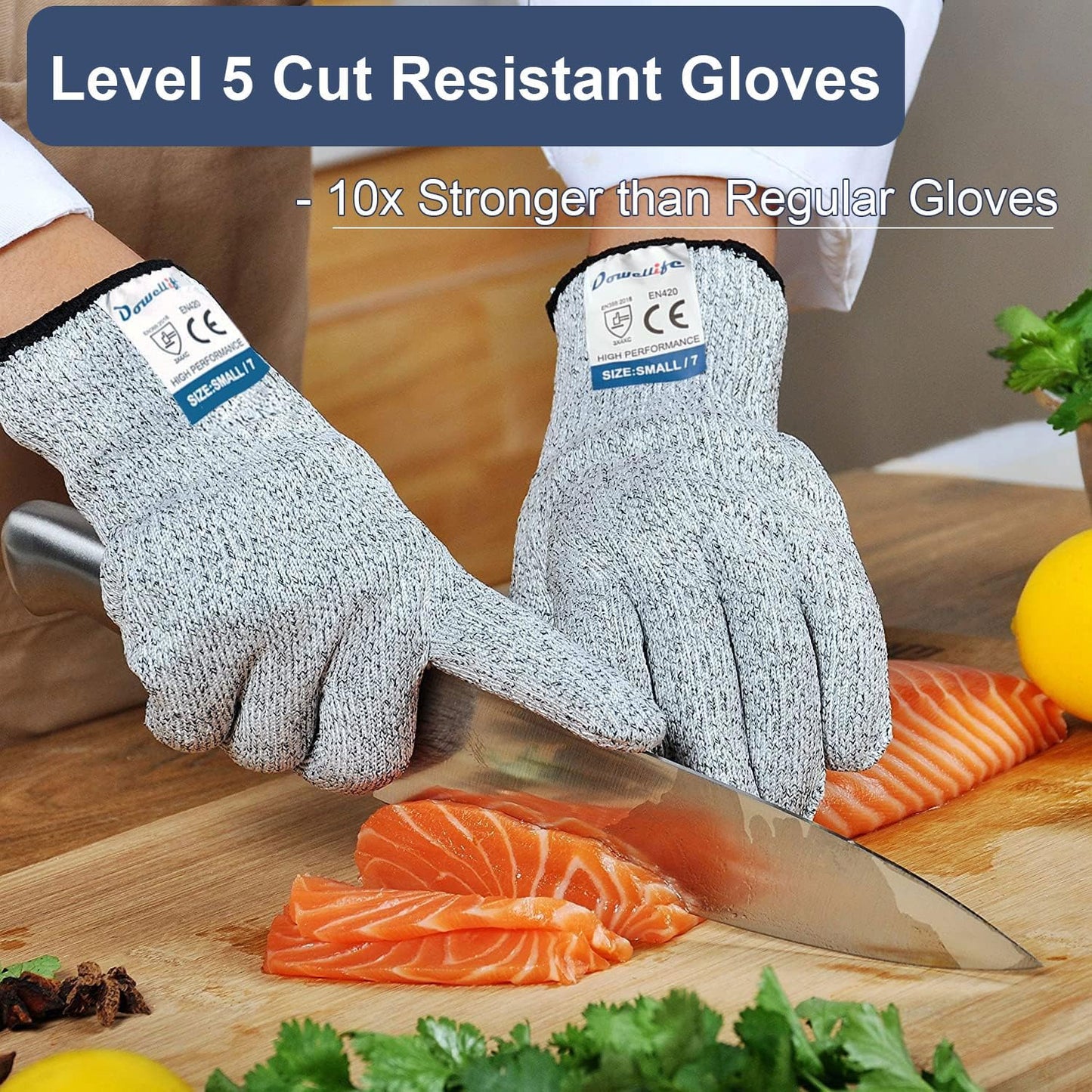 Dowellife Cut Resistant Gloves Food Grade Level 5 Protection, Safety Kitchen Cuts Gloves for Oyster Shucking, Fish Fillet Processing, Mandolin Slicing, Meat Cutting and Wood Carving. (Medium-12 Pairs)