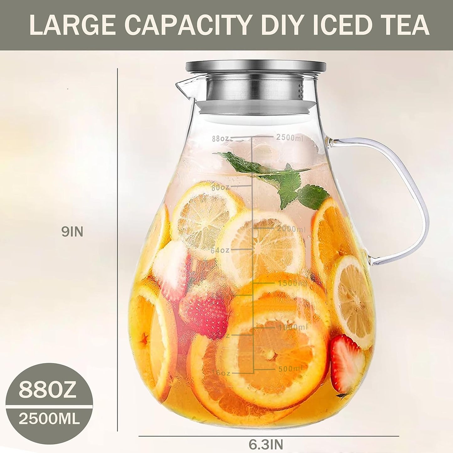 Glass Pitcher with Lid,88 Ounces -2500ml with Precise Scale Line, Hot/Cold Water Jug, Juice and Iced Tea Beverage Carafe with Lid