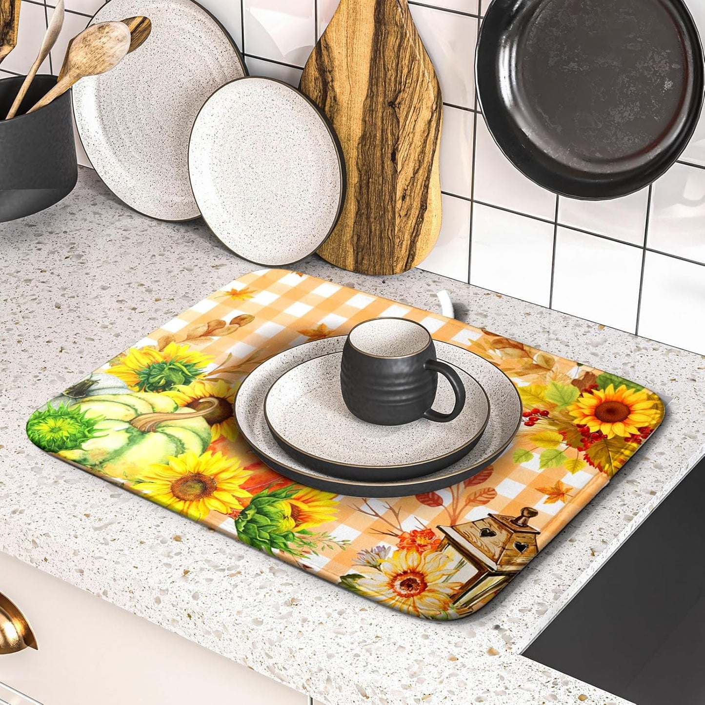 Autumn Maple Leaf Orange White Check Plaids Dish Drying Mat for Kitchen Counter,Fall Sunflower Pumpkin Drying Mat 16 x 18 Inch with Absorbent Reversible Microfiber Dish Drying Pad for Coffee Bar