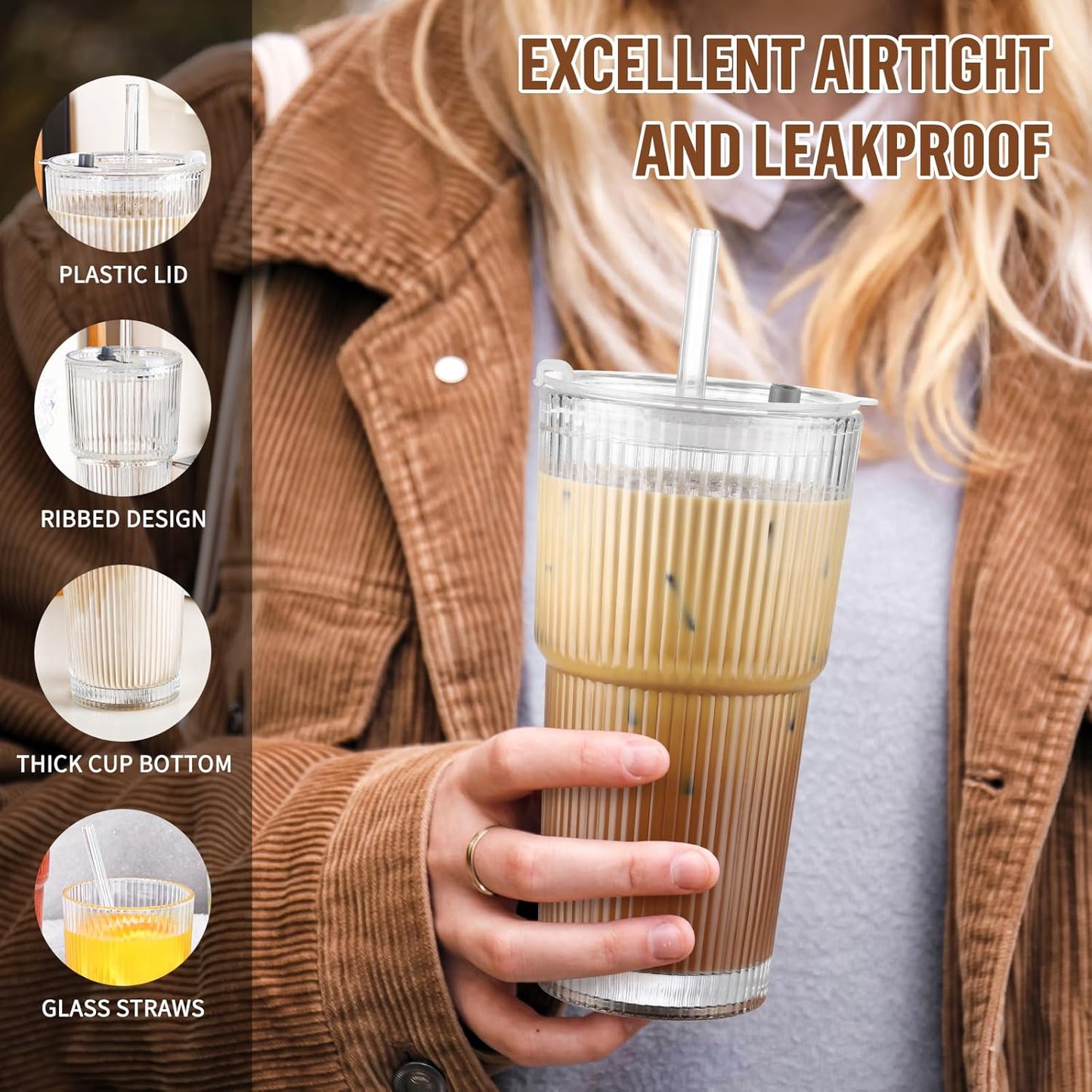 20 Oz Glass Cups with Lid and Straw 2 Set, Glass Tumbler with Straw and Lid, Vintage Glassware for Whiskey Cocktail Beer, Iced Coffee Cups with Lid (2 PACK)