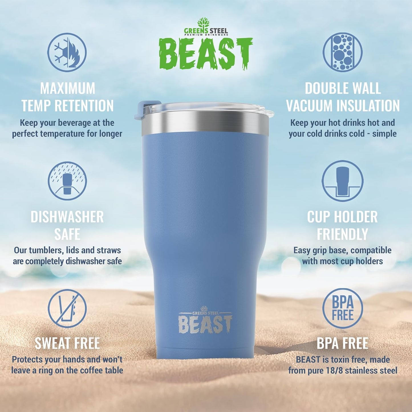 Beast 20 oz Tumbler Stainless Steel Vacuum Insulated Coffee Ice Cup Double Wall Travel Flask (Stormy Sky Blue)