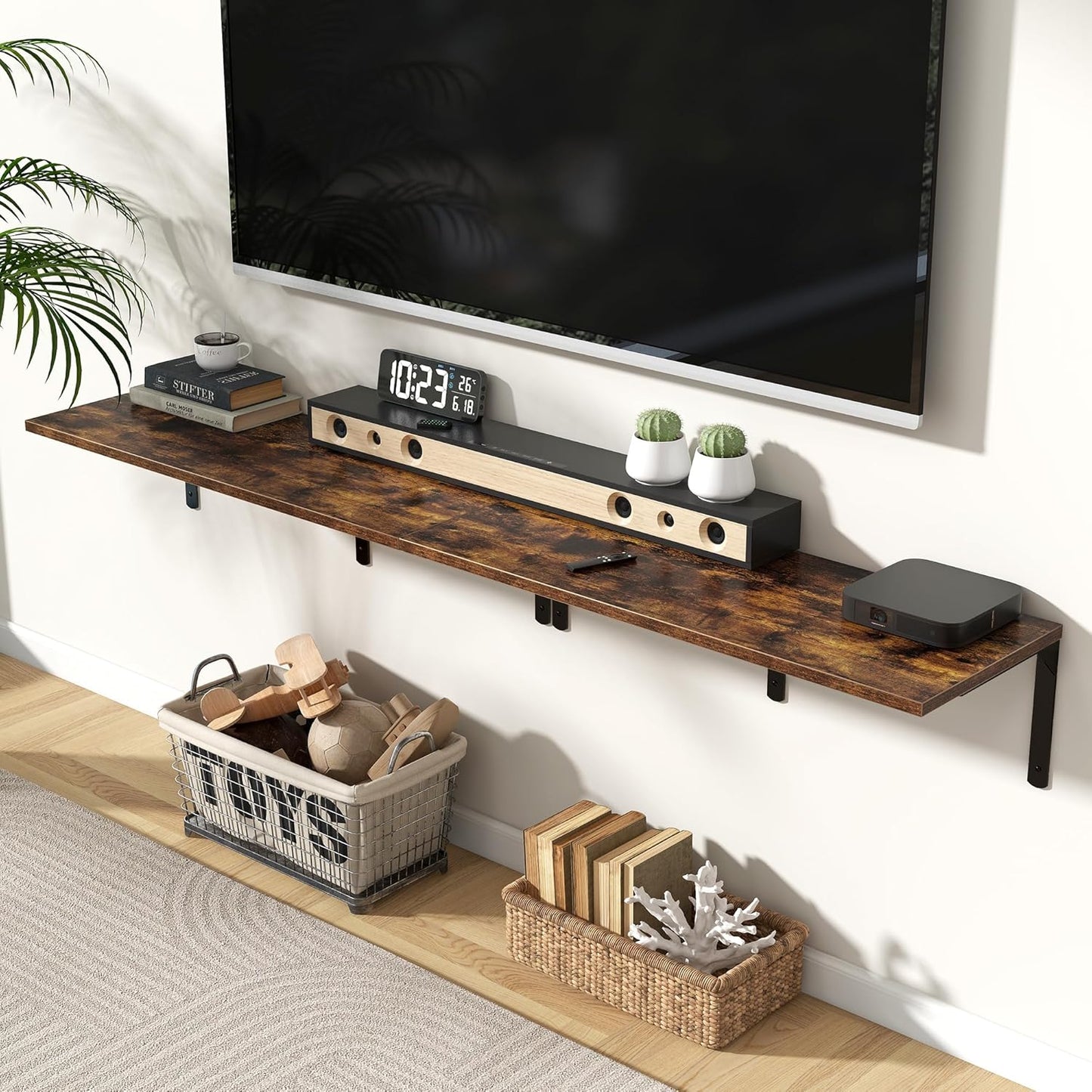 Fun Memories Rustic Brown 12 Inch Deep Floating Shelves Set of 2, Wall Mounted Shelf with Metal Brackets, Rustic Wood Wall Shelf for Bathroom, Kitchen and Living Room