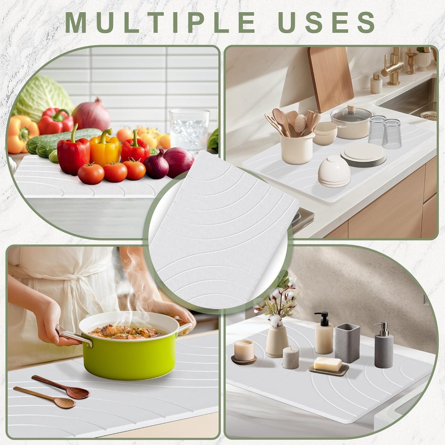 Large Stone Drying Mat for Kitchen Counter, 24" × 16" Diatomite Dish Drying Mat, Quick Dry Stone Mats, Ultra Absorbent Natural Diatomaceous Earth Mats for Dished, Bottles, White