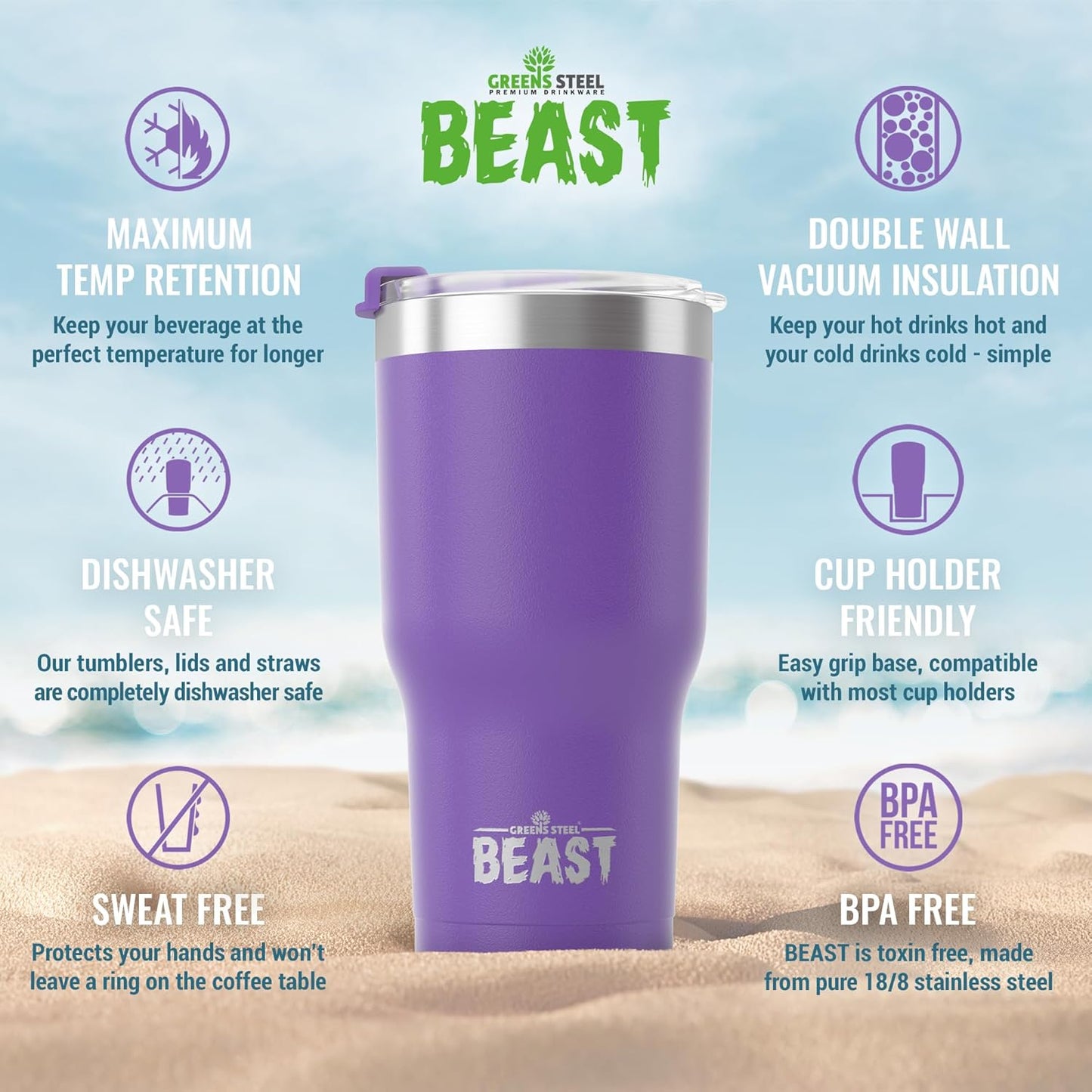 Beast 40 oz Tumbler Stainless Steel Vacuum Insulated Coffee Ice Cup Double Wall Travel Flask (Purple)