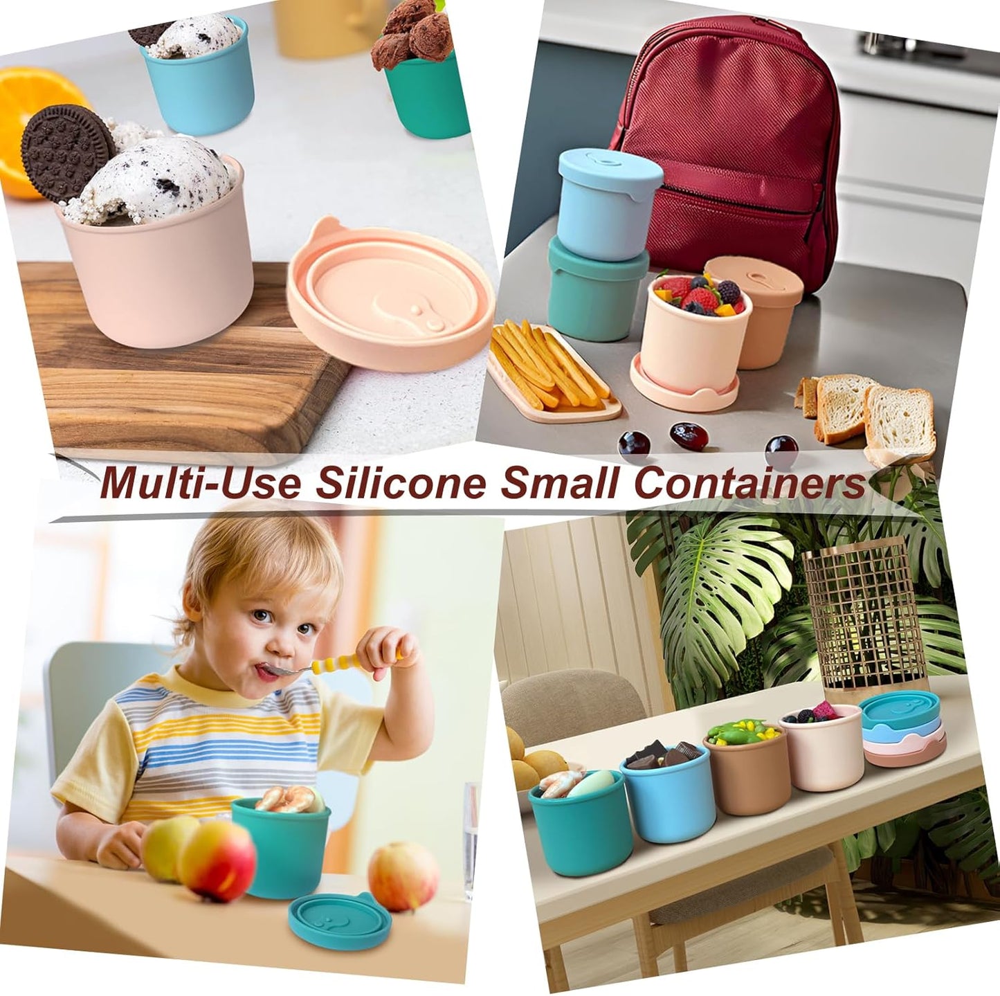 8.5oz Silicone Snack Containers for Kids, Reusable Small Containers with Airtight Lids, Silicone Baby Food Storage Jars, Freezer, Microwave and Dishwasher Safe, Perfect for Infant & Toddler - 4 Pack