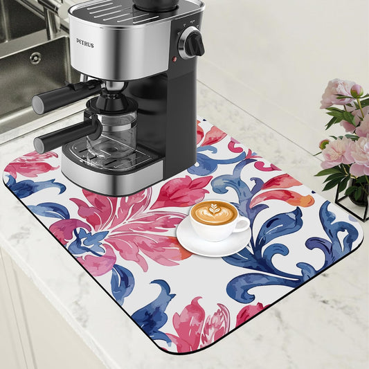 Blue and Pink Damask Coffee Mat Absorbent Dish Drying Mat for Kitchen Counter Hide Stain Coffee Bar Accessories with Rubber Backed Fit Under Espresso Machine, 11.8 x 19.7 Inch