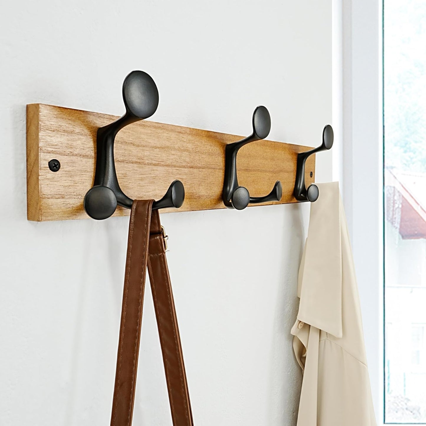 SKOLOO 17-Inch Light Brown Wood Coat Rack Wall Mount with 3 Triple Hooks - Ideal for Family Entrances, Classrooms, and Pet Supplies Storage - Perfect Coat Hooks for Wall