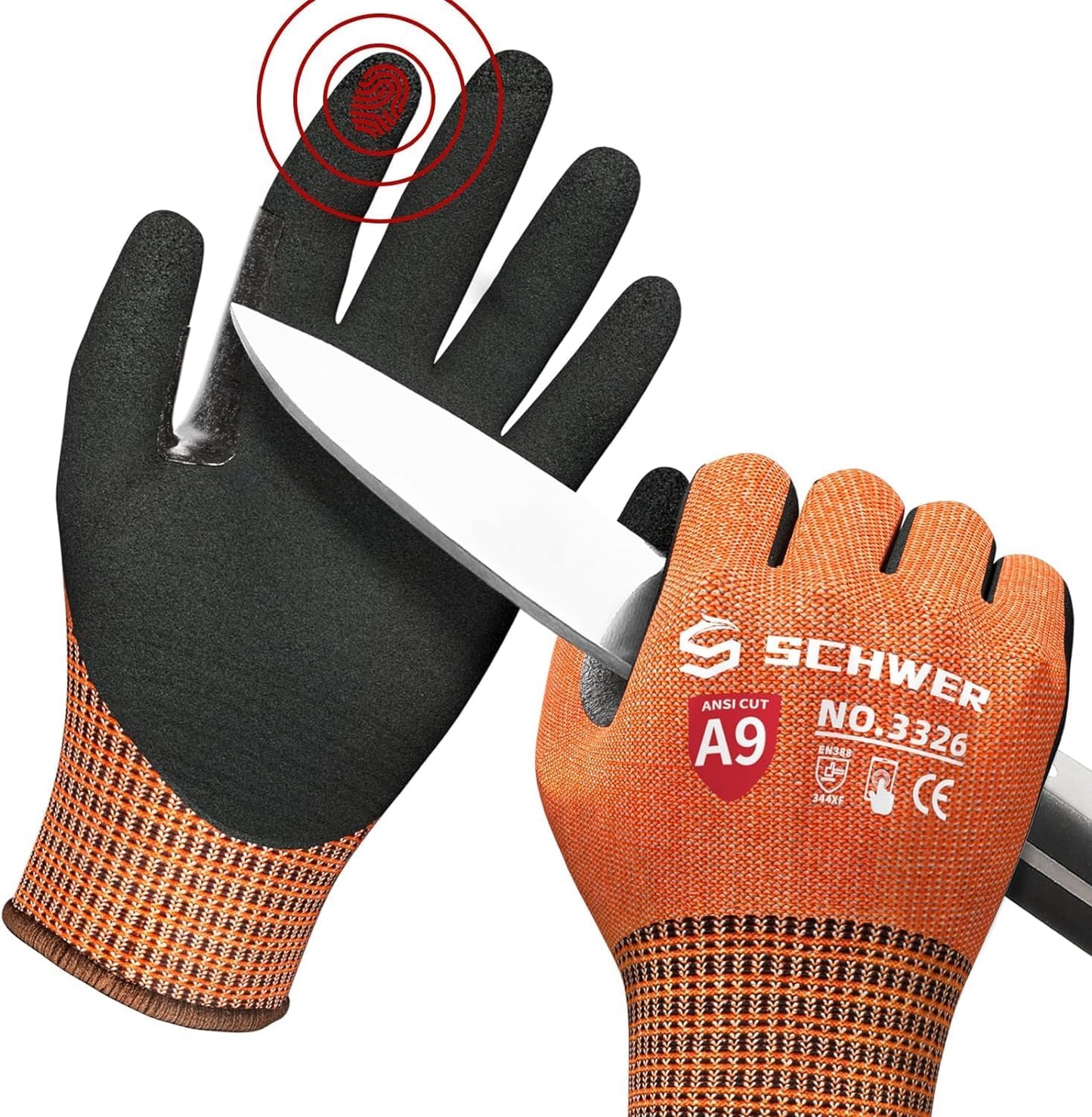 Schwer ProGuard Highest Level Cut Resistant Work Gloves PR3326 for Extreme Protection, ANSI A9 Cut Gloves with Reinforced Thumb, Non Slip, Non PFAS, Durable, Touch-screen, Orange 2 Pairs(XL)