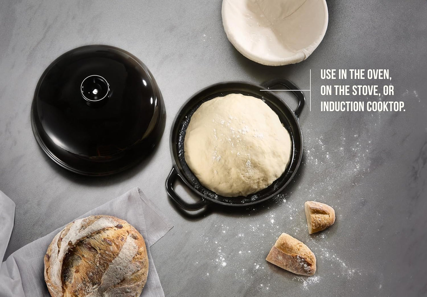 Kook Bread Oven, Sourdough Pan with Lid and Handles, Enameled Cast Iron Pan and Ceramic Lid, For Baking, Cooking, Roasting, Black