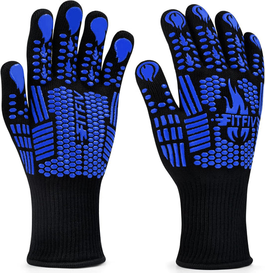 BBQ Gloves, Oven Gloves, Extreme Heat Resistant Barbecue Gloves, Silicone Non-Slip Oven Mitts, Kitchen Gloves for Cooking, Grilling, and Baking (Blue)
