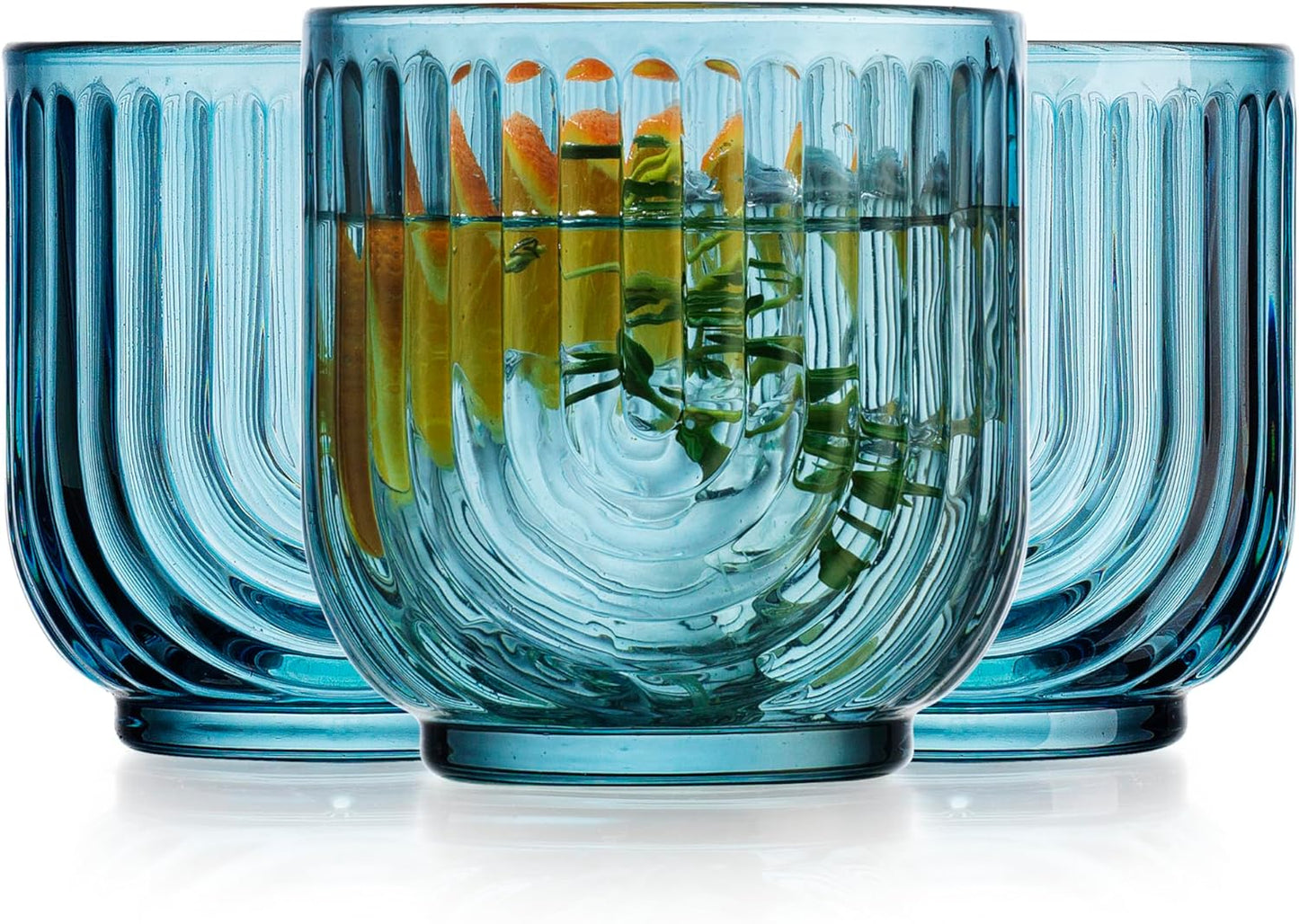 Glaver's Double Old Fashioned Rock Glasses, Set of 4 Blue Whiskey Glasses, 11 oz Art Deco U-Shape Design Embossed Everyday Home Bar Glassware. Art Deco Elegant Kitchen Drinking Glasses.