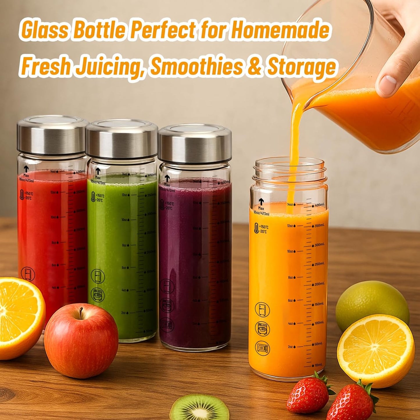 16oz Glass Water Bottles with Lids, 4 Pack Reusable Wide Mouth Juice Bottles with Stainless Steel Caps, Leakproof Borosilicate Glass for Juicing, Smoothies & Storage, BPA-Free,Dishwasher Safe