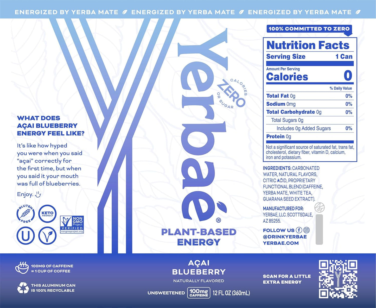 Yerbaé Energy Seltzer - Variety Performance Pack. No Sugar/Calories/Carbs. Energized by Yerba Mate Naturally Caffeinated Plant-Based, Healthy Alternative to Coffee/Sugary Sodas, Pack of 12, 12oz cans