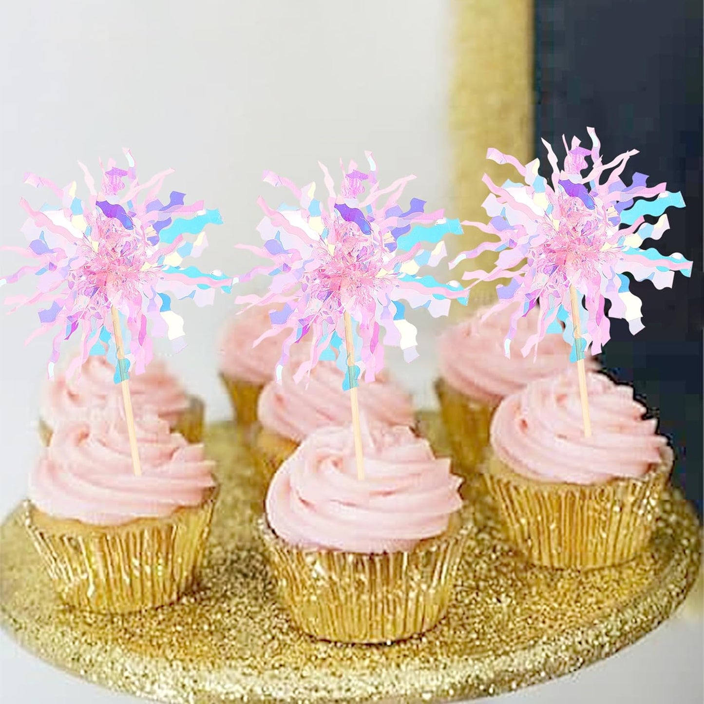 30 PCS Foil Firework Cupcake Toppers Sparkle Tinsel Cupcake Picks Happy Birthday Cake Toppers Drink Stirrers Cocktail Food Fruit Toothpicks for Baby Shower Wedding Party Decorations Supplies Pink