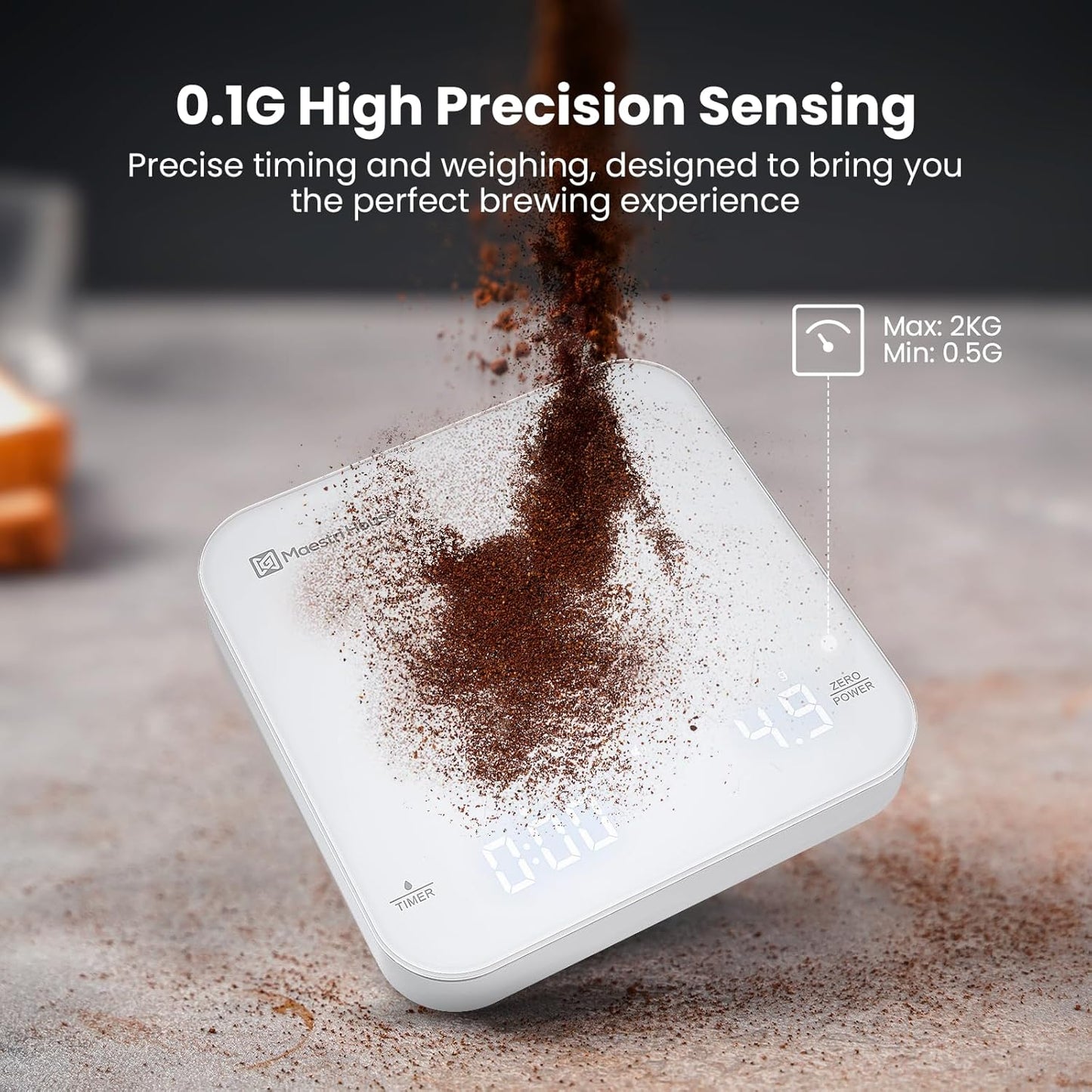 Rechargeable Mini Coffee Scale with Timer, Maestri House Espresso Scale, 2kg/0.1g Accurate Scale for Espresso and Pour-Over Coffee, Portable Digital Kitchen Scale with Automatic Timing（White）