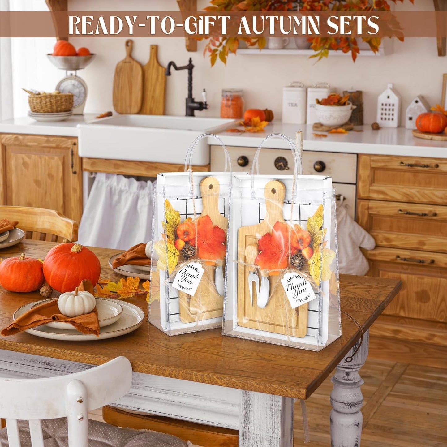 6 Sets Autumn Gifts Bridal Shower Favor 43 Pcs Wooden Square Cheese Board with Knives Forks Kitchen Towels Tags, Pre-Assembled Gifts for Fall Thanksgiving Party Supplies Winner Game Prizes