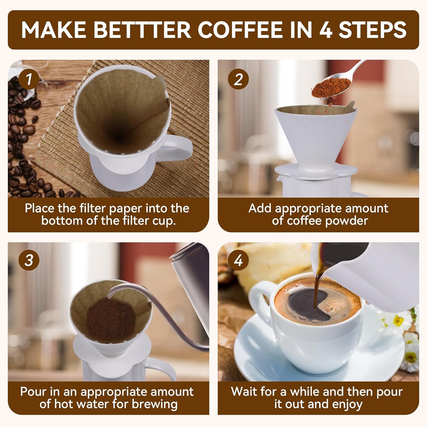 AZYM Pour Over Coffee Maker Set,V60 Coffee Dripper with 20 Count Paper Coffee Filters,Four-Leaf Clover-Shaped Drip Coffee Maker,Vintage Ceramic Carafe,for Home Brewing,Camping,17.5 oz (White)