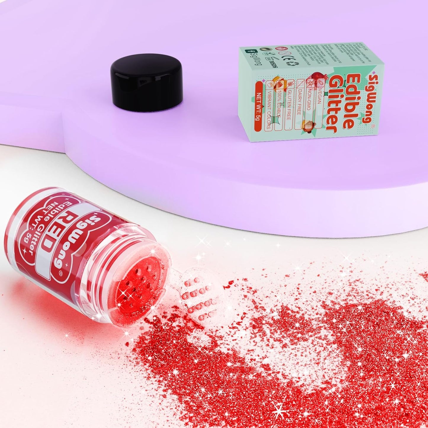 Red Edible Glitter - 5g Food Grade Cake Decorating Shimmering Glitter, Edible Sprinkle Luster Dust for Drinks, Chocolates, Fondant, Strawberries, Cupcakes, Candy, Cookie - Vegan