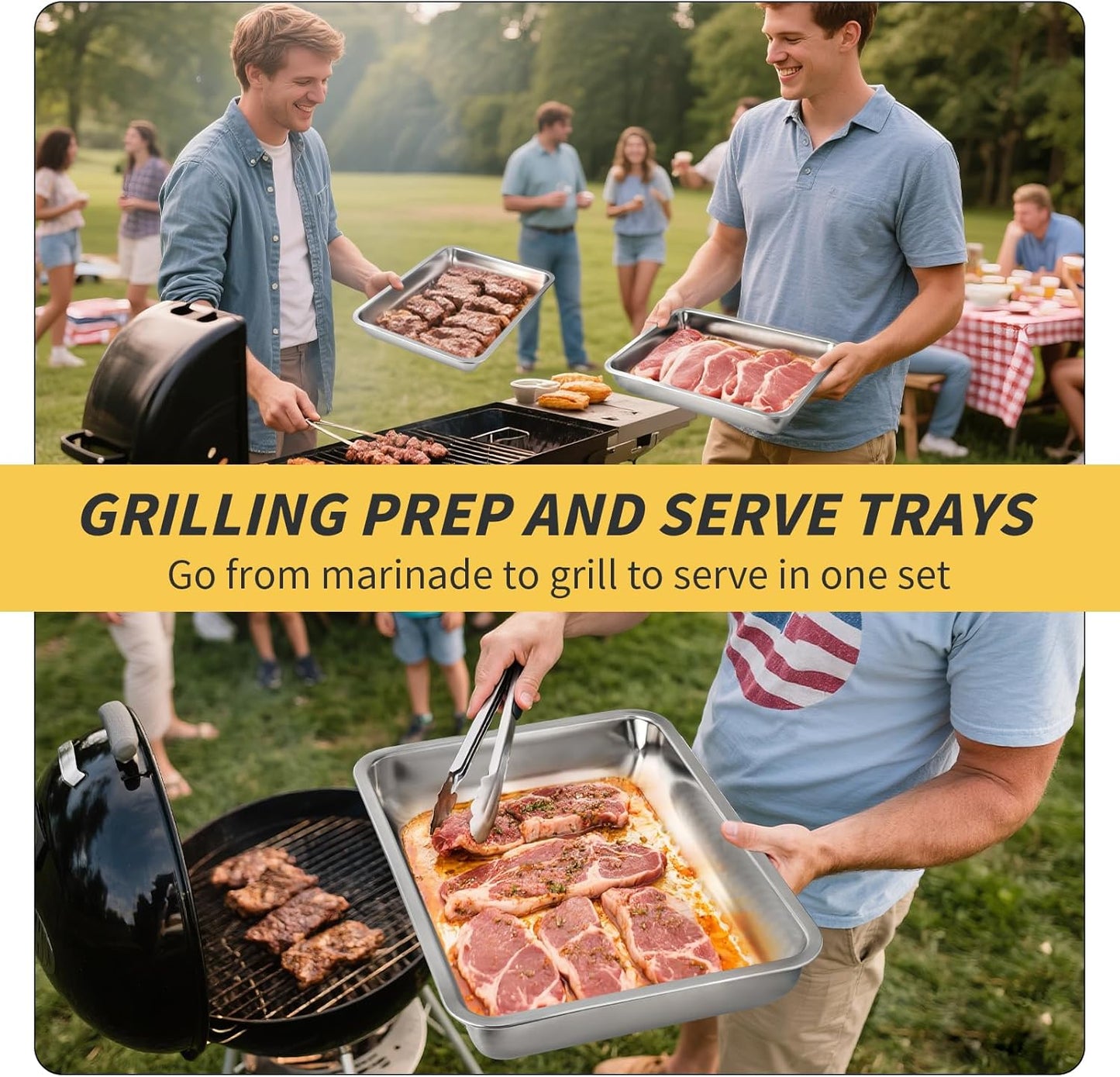 Grilling Prep and Serve Trays, Stainless Steel Large Capacity Food Prep Tray, Grill Carry System, Marinade Container with Lid and Cutting Board, BBQ Grill Accessories, Grilling Gifts for Men