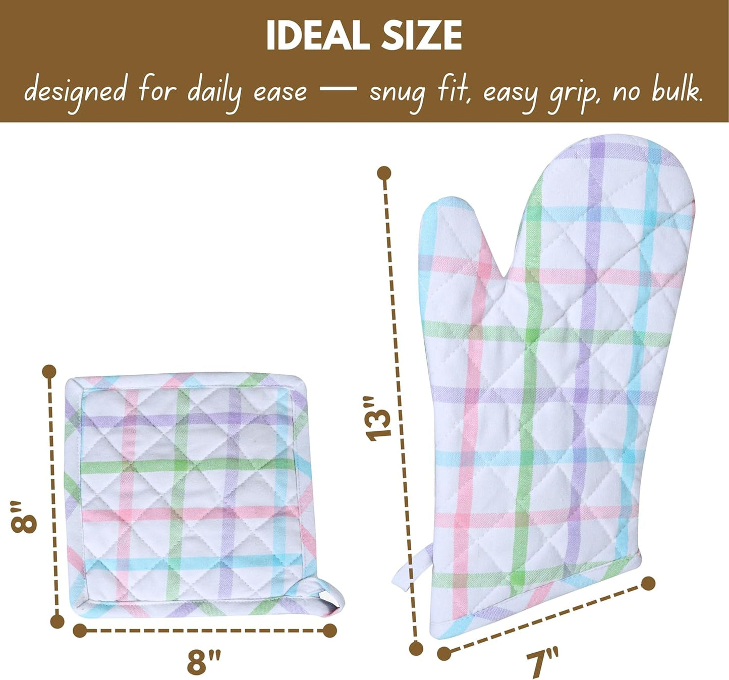 Native Fab 4 Piece Set - 2 Oven Mitts & 2 Potholders, Heat Resistant, 100% Cotton, Quilted Design, Non-Slip Grip, Ideal for Baking, Cooking, BBQ, Kitchen Protection, Multi-Color Checks
