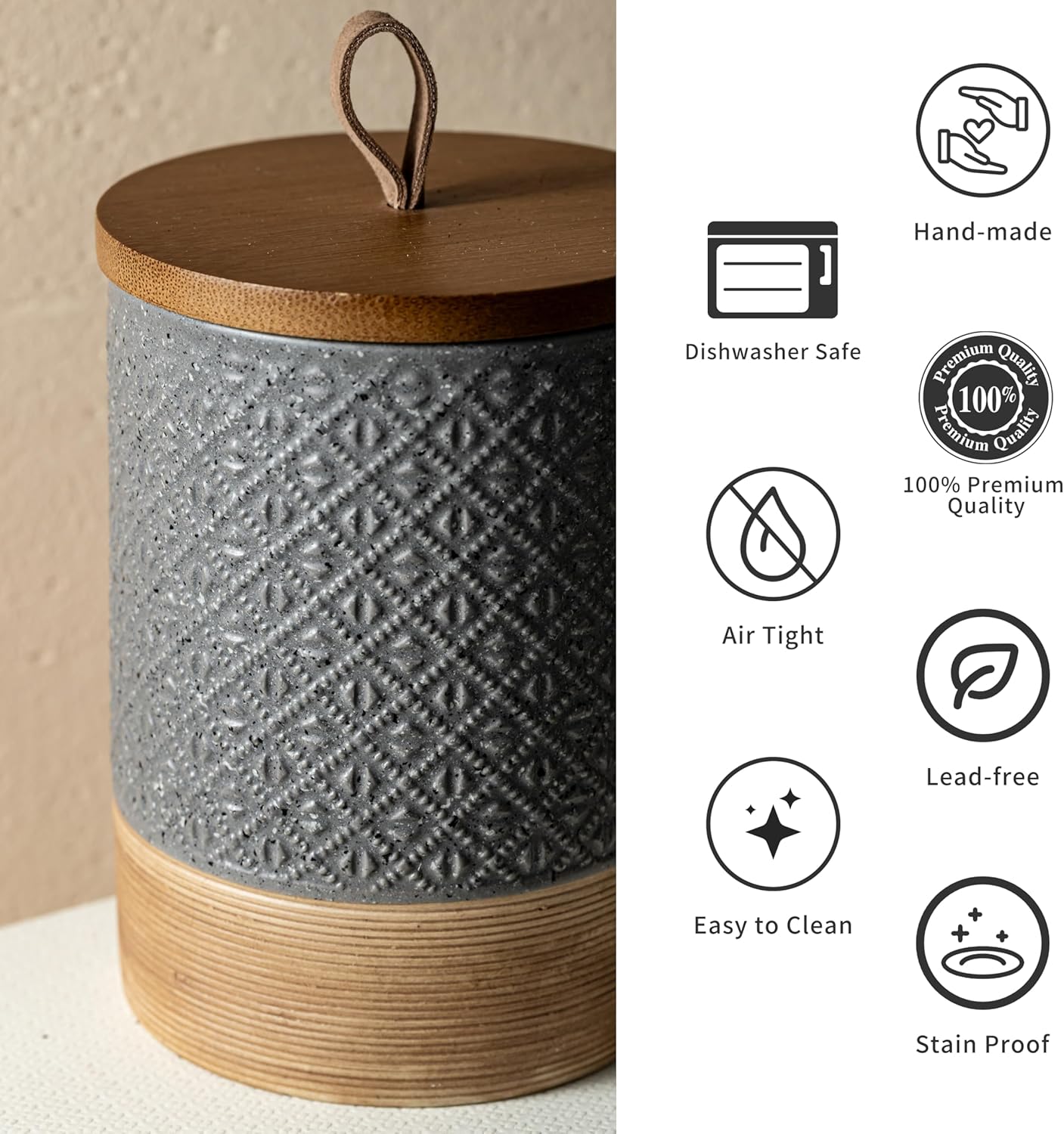 Ceramic Jar with Lid Airtight, Coffee Canister Kitchen Food Storage Jars for Spice Sugar Salt, Coffee Bar Accessories Decorative Container for Countertop - Gray & 42 fl.oz