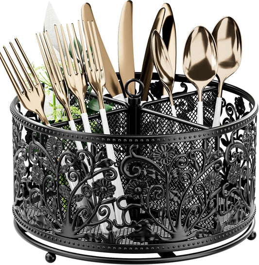 360° Rotating Utensil Caddy - Silverware Cutlery Caddy Holder with 4 Compartment, Metal Flatware Organizer Countertop with Handle for Party Camping Picnic, Kitchen Counter, Office (Black)