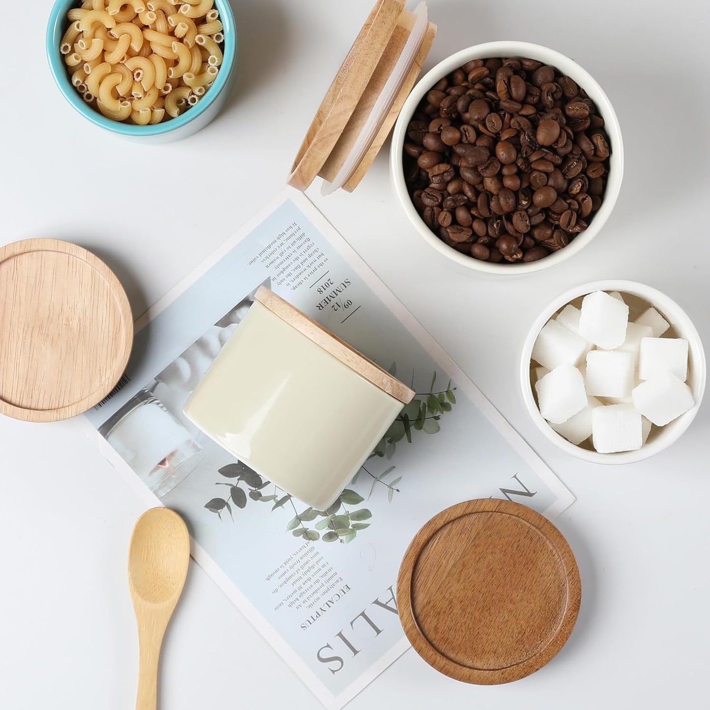 Sweejar Kitchen Canisters Ceramic Food Storage Jar, Stackable Containers with Airtight Seal Wooden Lid for Serving Ground Coffee, Tea, Sugar, Spice and More - 5 Fl Oz(White Acacia)